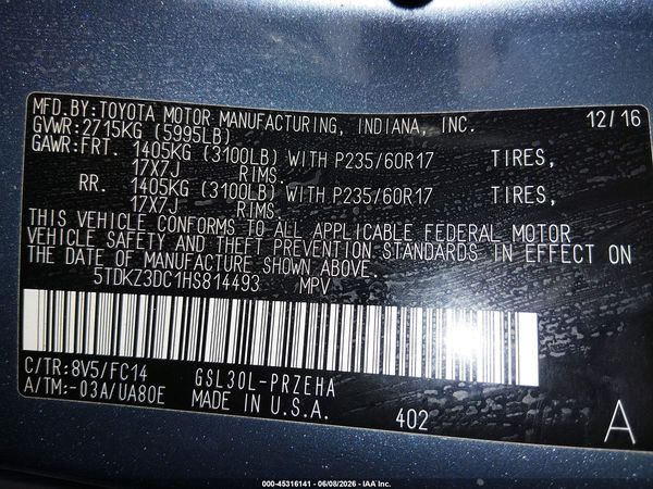 2017 TOYOTA SIENNA LE 8 PASSENGER
