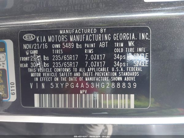 2017 KIA SORENTO 3.3L LX