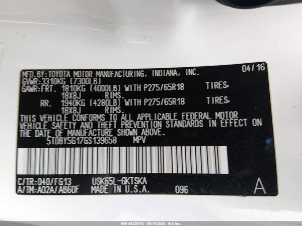 2016 TOYOTA SEQUOIA SR5 5.7L V8
