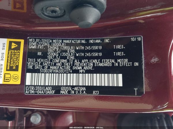 2019 TOYOTA HIGHLANDER LIMITED