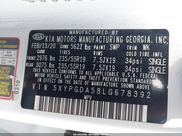 2020 KIA SORENTO 3.3L S