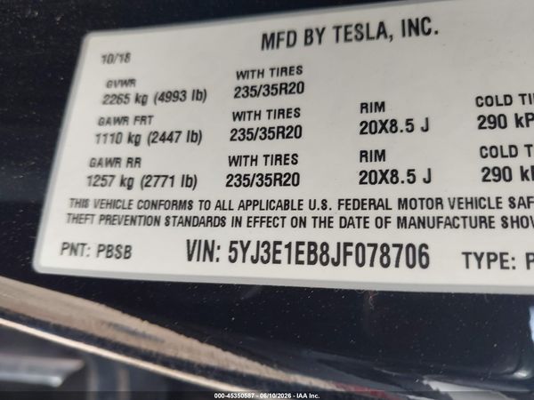 2018 TESLA MODEL 3 LONG RANGE/PERFORMANCE