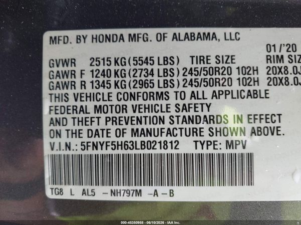 2020 HONDA PILOT 2WD TOURING 7 PASSENGER