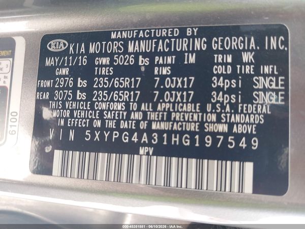 2017 KIA SORENTO 2.4L L