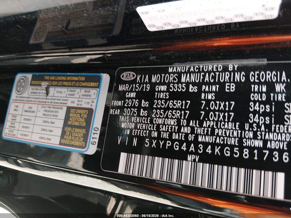 2019 KIA SORENTO 2.4L L