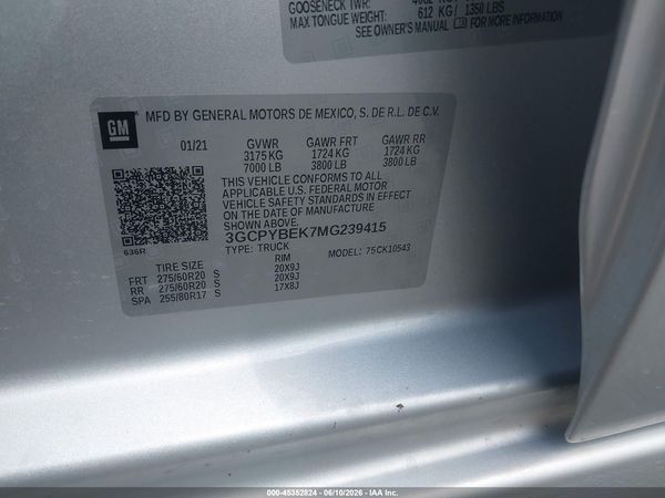 2021 CHEVROLET SILVERADO 1500 4WD  SHORT BED CUSTOM — I9