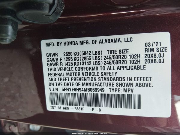 2021 HONDA PILOT AWD TOURING 8 PASSENGER