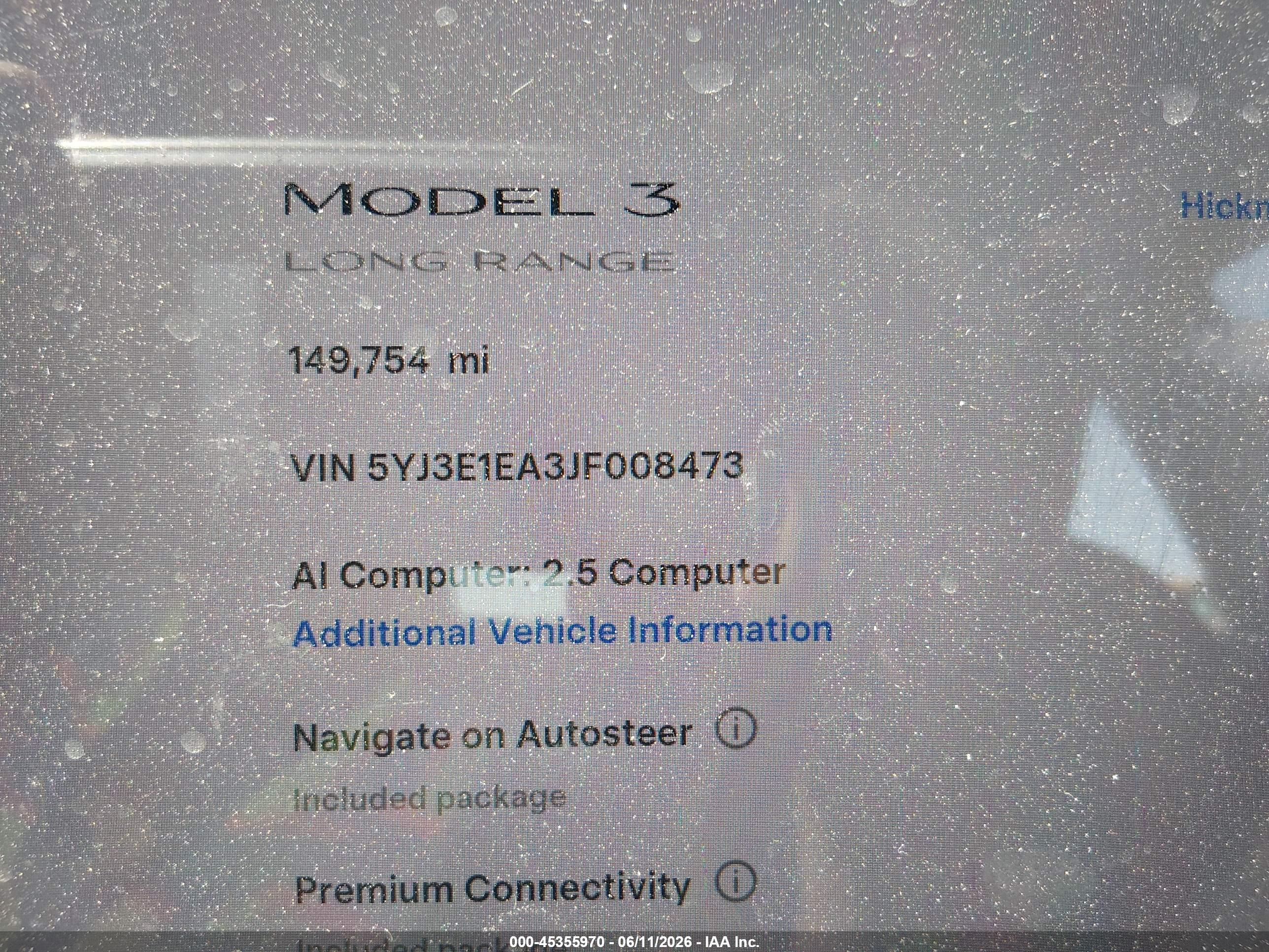 2018 TESLA MODEL 3 LONG RANGE/MID RANGE