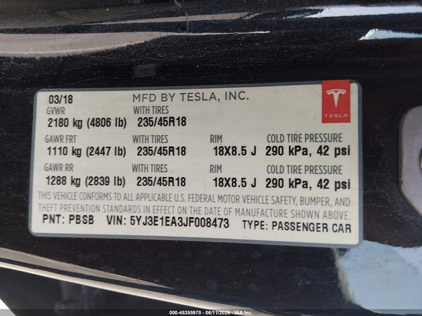2018 TESLA MODEL 3 LONG RANGE/MID RANGE