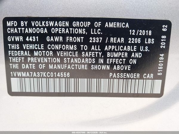 2019 VOLKSWAGEN PASSAT 2.0T SE R-LINE — I9