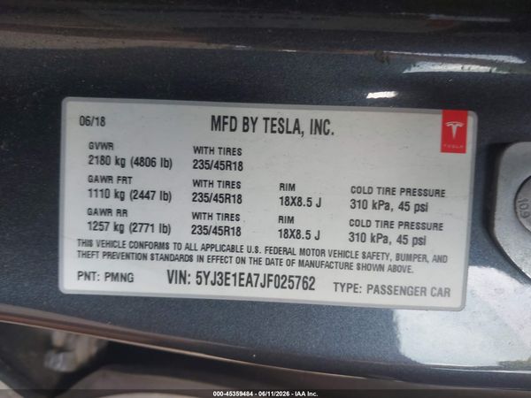 2018 TESLA MODEL 3 LONG RANGE/MID RANGE