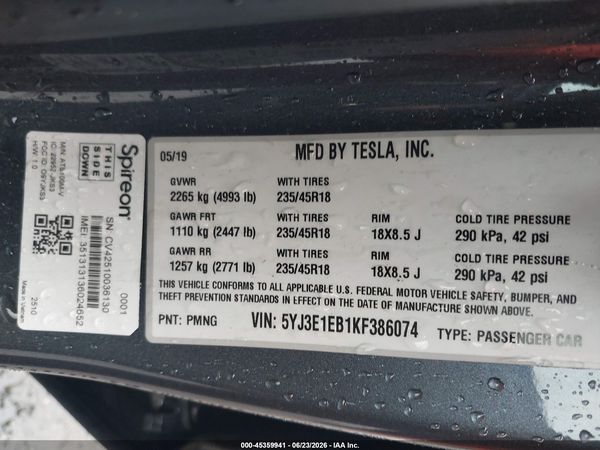 2019 TESLA MODEL 3 LONG RANGE/PERFORMANCE