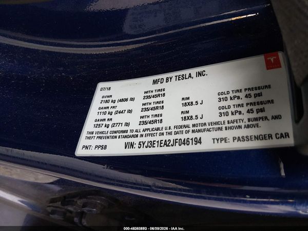 2018 TESLA MODEL 3 LONG RANGE/MID RANGE