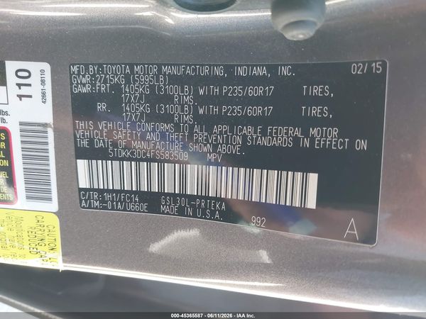 2015 TOYOTA SIENNA LE 8 PASSENGER — I9