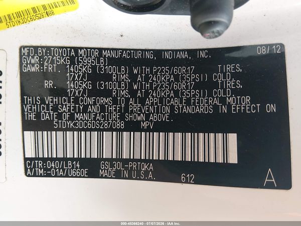 2013 TOYOTA SIENNA XLE/LIMITED