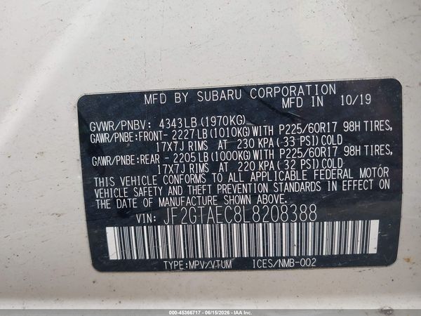 2020 SUBARU CROSSTREK PREMIUM — I9