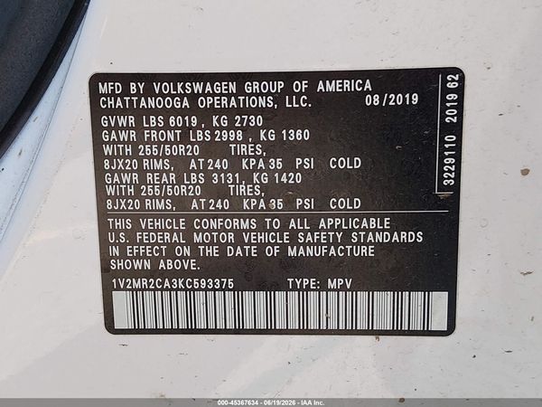 2019 VOLKSWAGEN ATLAS 3.6L V6 SEL — I9