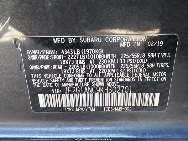 2019 SUBARU CROSSTREK 2.0I LIMITED — I9