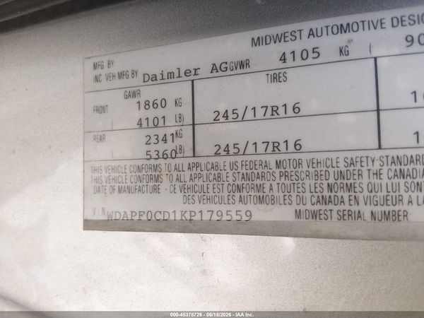 2019 MERCEDES-BENZ SPRINTER 3500XD STANDARD ROOF V6