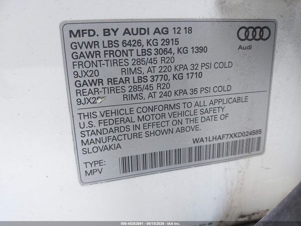 2019 AUDI Q7 45 PREMIUM/45 SE PREMIUM