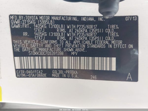 2013 TOYOTA SIENNA LE V6 8 PASSENGER