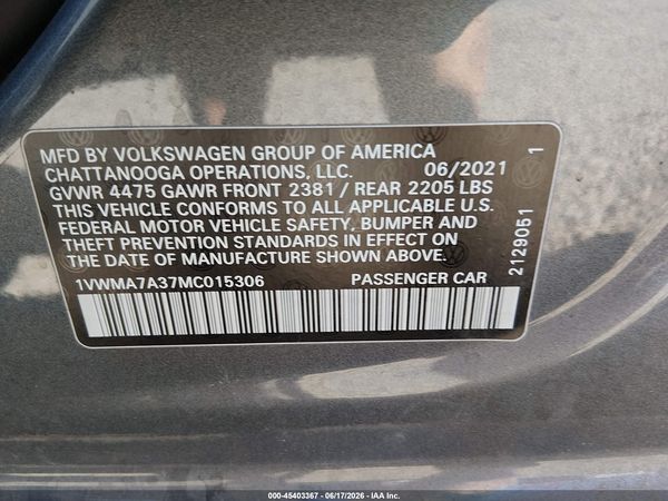 2021 VOLKSWAGEN PASSAT 2.0T R-LINE — I9