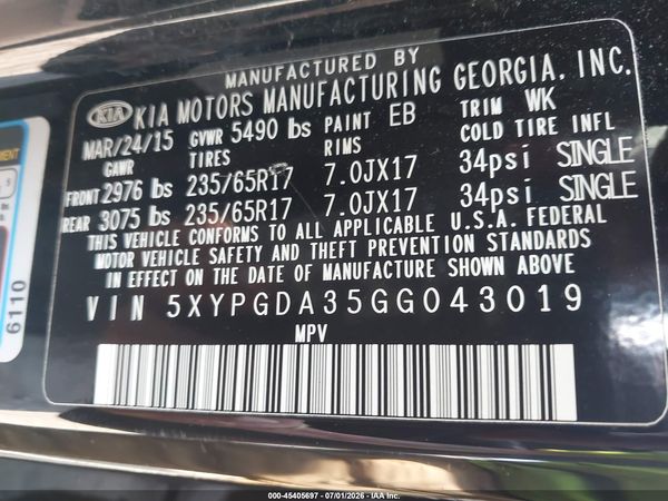 2016 KIA SORENTO 2.4L LX