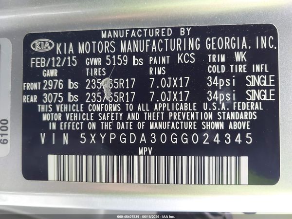 2016 KIA SORENTO 2.4L LX