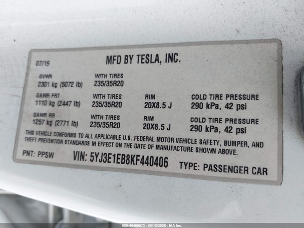 2019 TESLA MODEL 3 LONG RANGE/PERFORMANCE