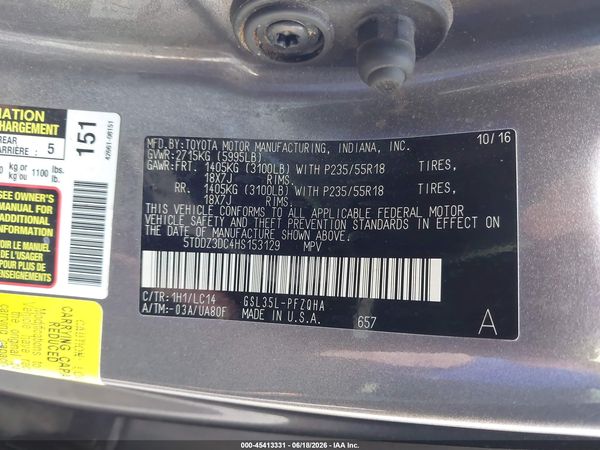 2017 TOYOTA SIENNA XLE 7 PASSENGER