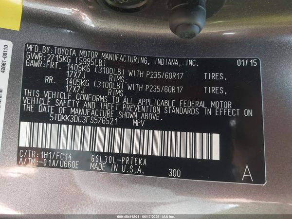 2015 TOYOTA SIENNA LE 8 PASSENGER
