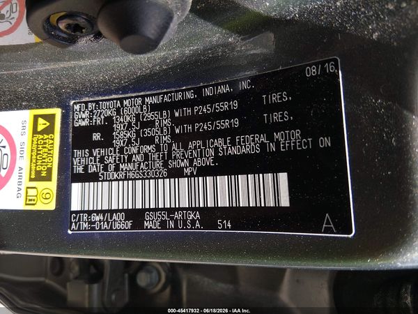2016 TOYOTA HIGHLANDER LIMITED V6
