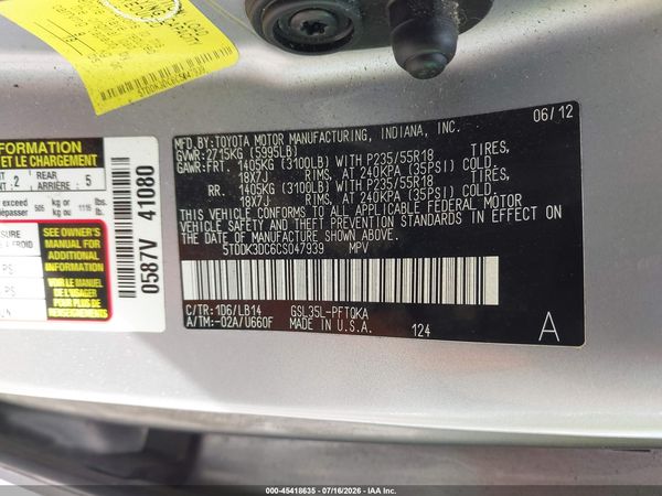 2012 TOYOTA SIENNA XLE 7 PASSENGER