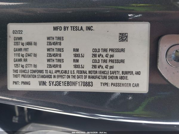 2022 TESLA MODEL 3