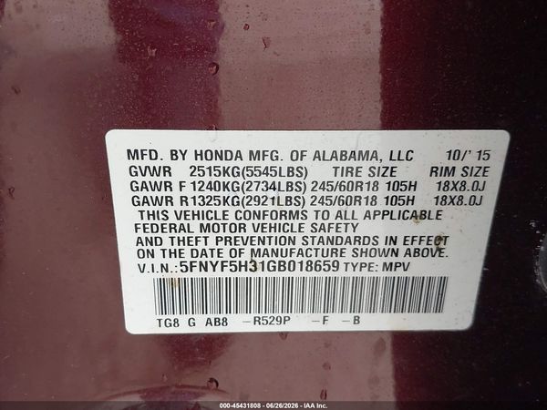 2016 HONDA PILOT EX