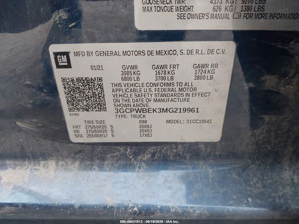 2021 CHEVROLET SILVERADO 1500 2WD  SHORT BED CUSTOM — I9