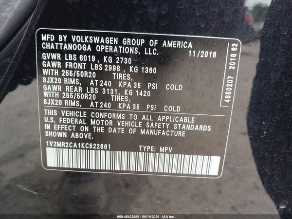 2019 VOLKSWAGEN ATLAS 3.6L V6 SEL — I9