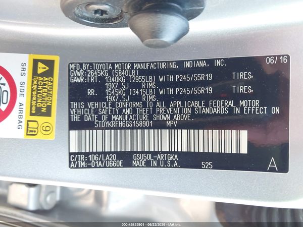 2016 TOYOTA HIGHLANDER LIMITED V6