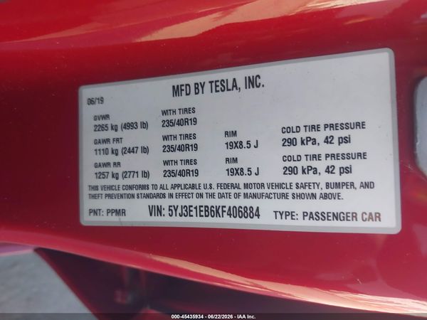 2019 TESLA MODEL 3 LONG RANGE/PERFORMANCE