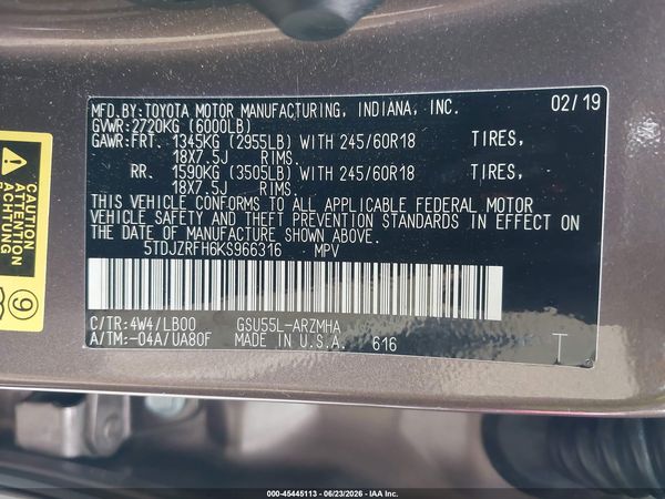 2019 TOYOTA HIGHLANDER XLE