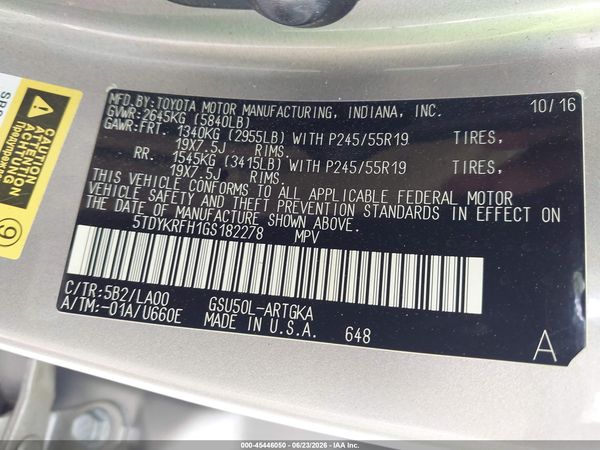 2016 TOYOTA HIGHLANDER LIMITED PLATINUM V6