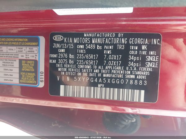 2016 KIA SORENTO 3.3L LX