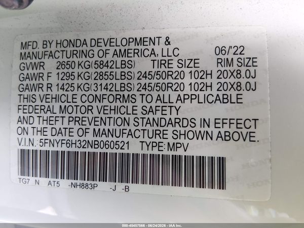 2022 HONDA PILOT AWD SPORT