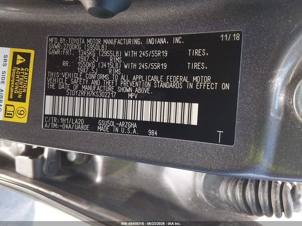 2019 TOYOTA HIGHLANDER LIMITED