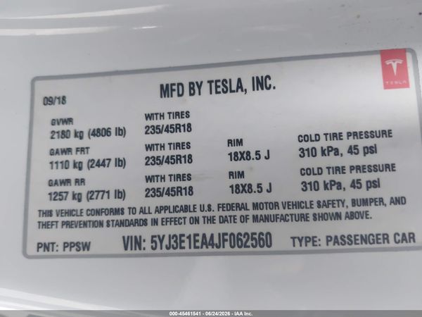 2018 TESLA MODEL 3 LONG RANGE/MID RANGE