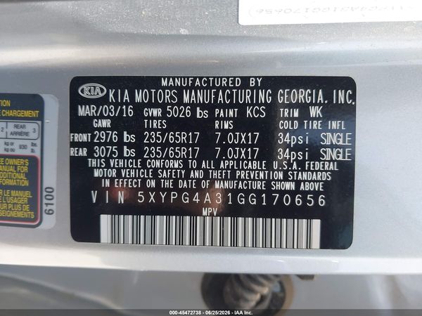 2016 KIA SORENTO 2.4L LX