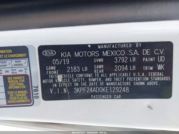 2019 KIA FORTE LXS