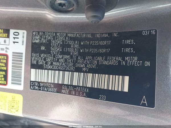 2016 TOYOTA SIENNA LE 8 PASSENGER