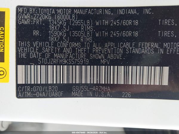 2019 TOYOTA HIGHLANDER XLE
