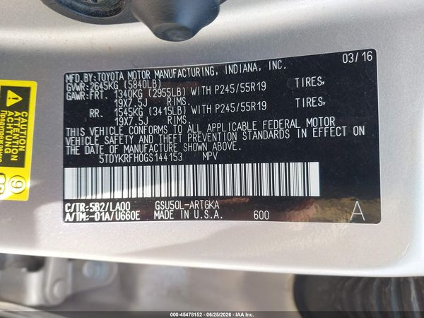 2016 TOYOTA HIGHLANDER LIMITED PLATINUM V6